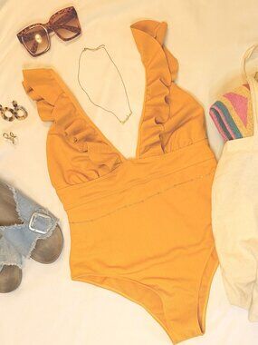 DRESSFO Yellow Ruffle One Piece Swimsuit XL Lace Up Back Textured